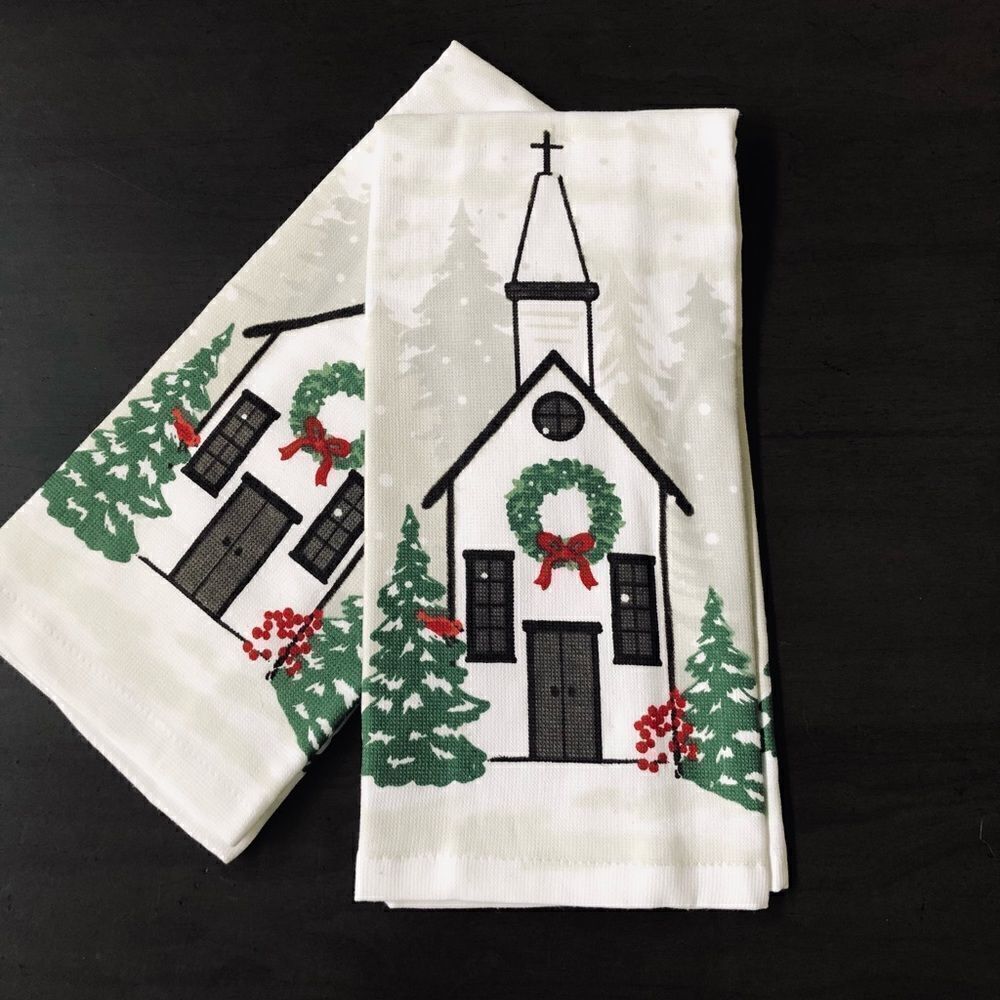 Country Christmas Church Winter Holiday Dish Towels Set